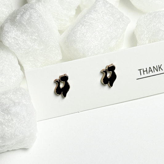 Black Enamel Cat Silhouette Gold Frame Stud Earrings D