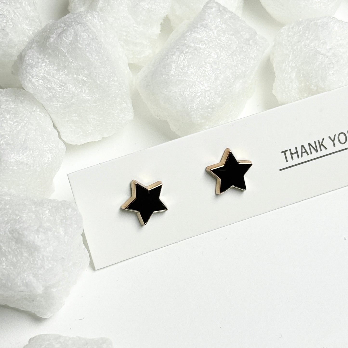 Black Enamel Star Gold Frame Stud Earrings  D