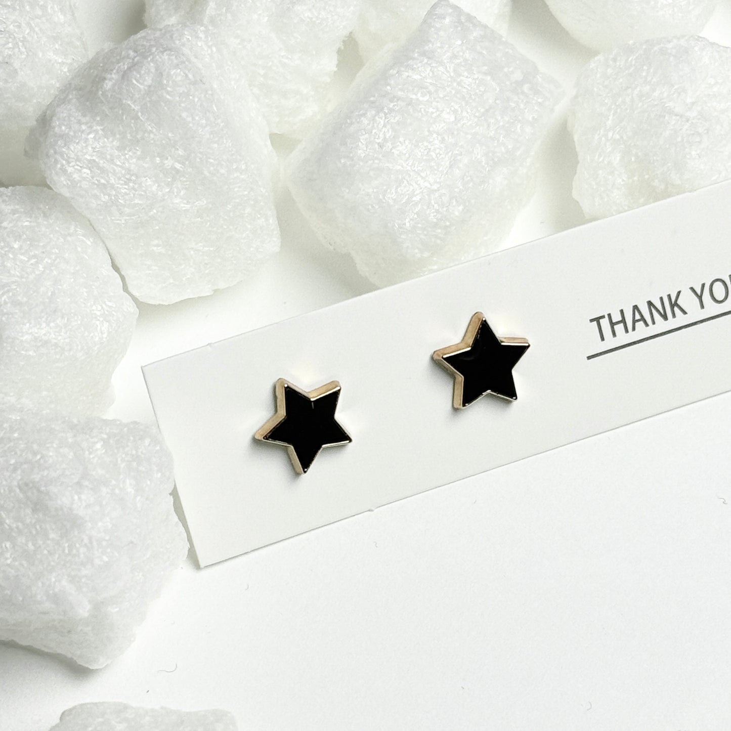 Black Enamel Star Gold Frame Stud Earrings  D