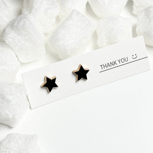 Black Enamel Star Gold Frame Stud Earrings  D
