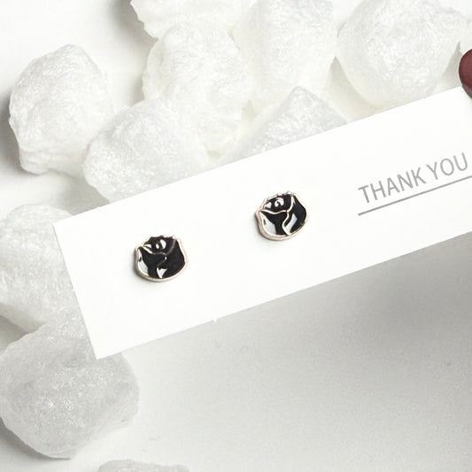 Black Enamel Rose Silver Frame Round Stud Earrings D