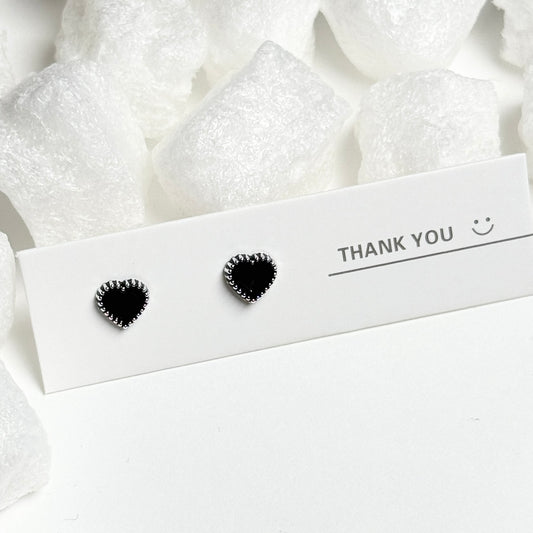Black Enamel Heart Silver Beaded Frame Stud Earrings D