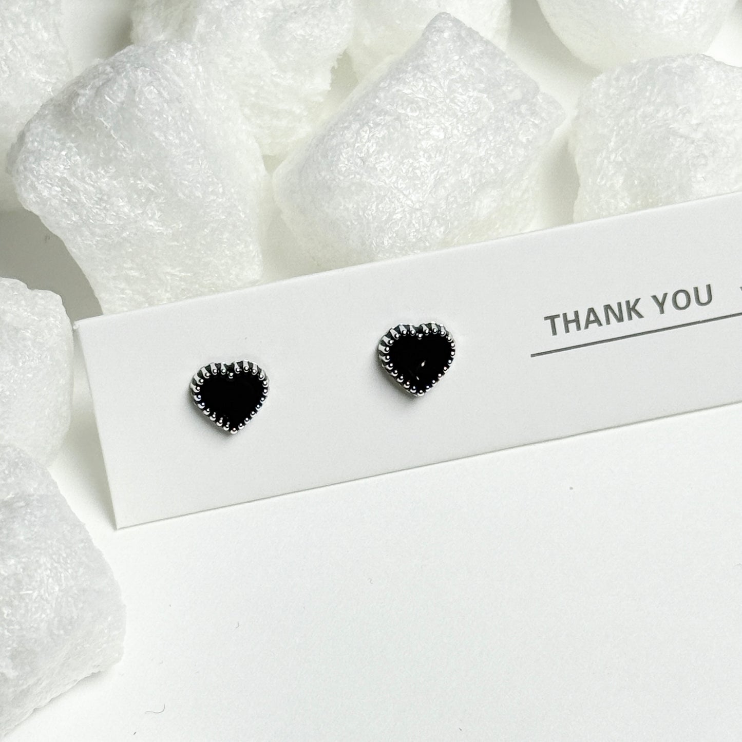 Black Enamel Heart Silver Beaded Frame Stud Earrings D