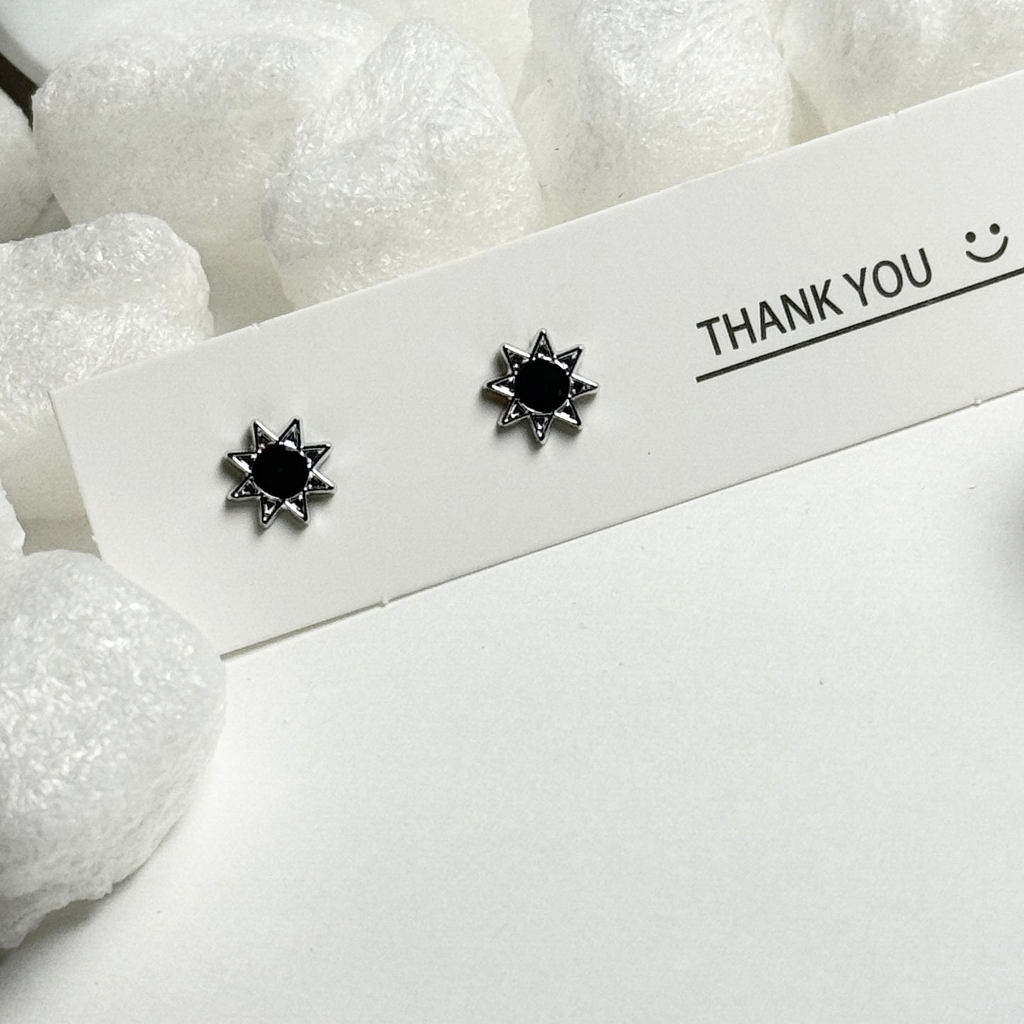 Black Enamel Star Center Silver Pointed Frame Stud Earrings D