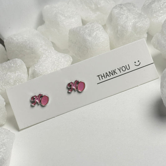 Pink Enamel Letter N Initial Silver Frame Stud Earrings D