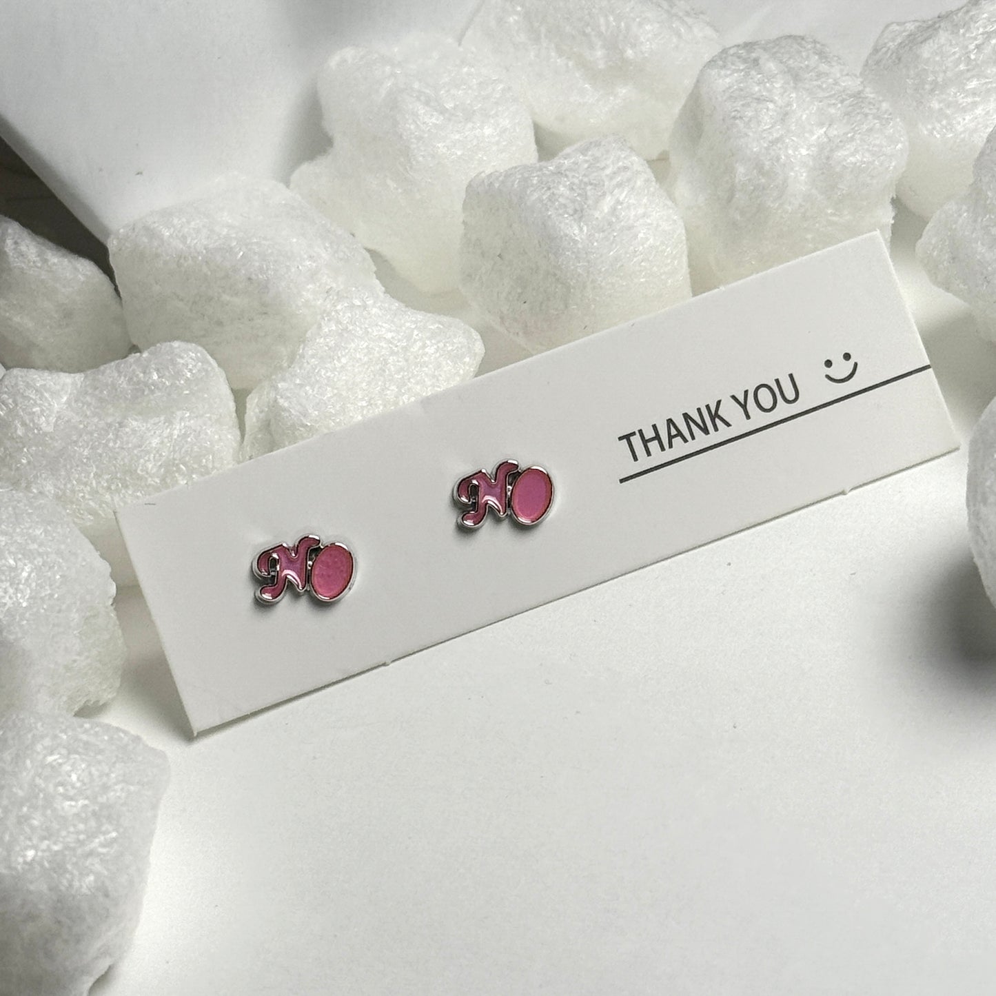 Pink Enamel Letter N Initial Silver Frame Stud Earrings D