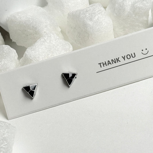 Black Enamel Triangle Silver Line Detail Stud Earrings C