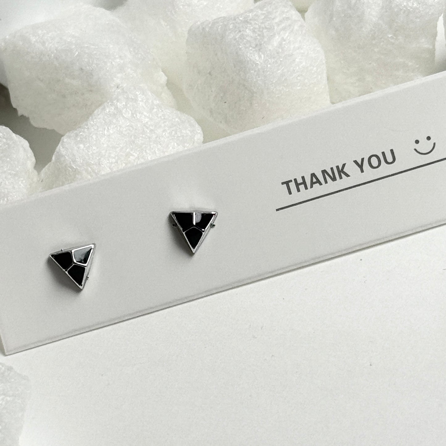 Black Enamel Triangle Silver Line Detail Stud Earrings C