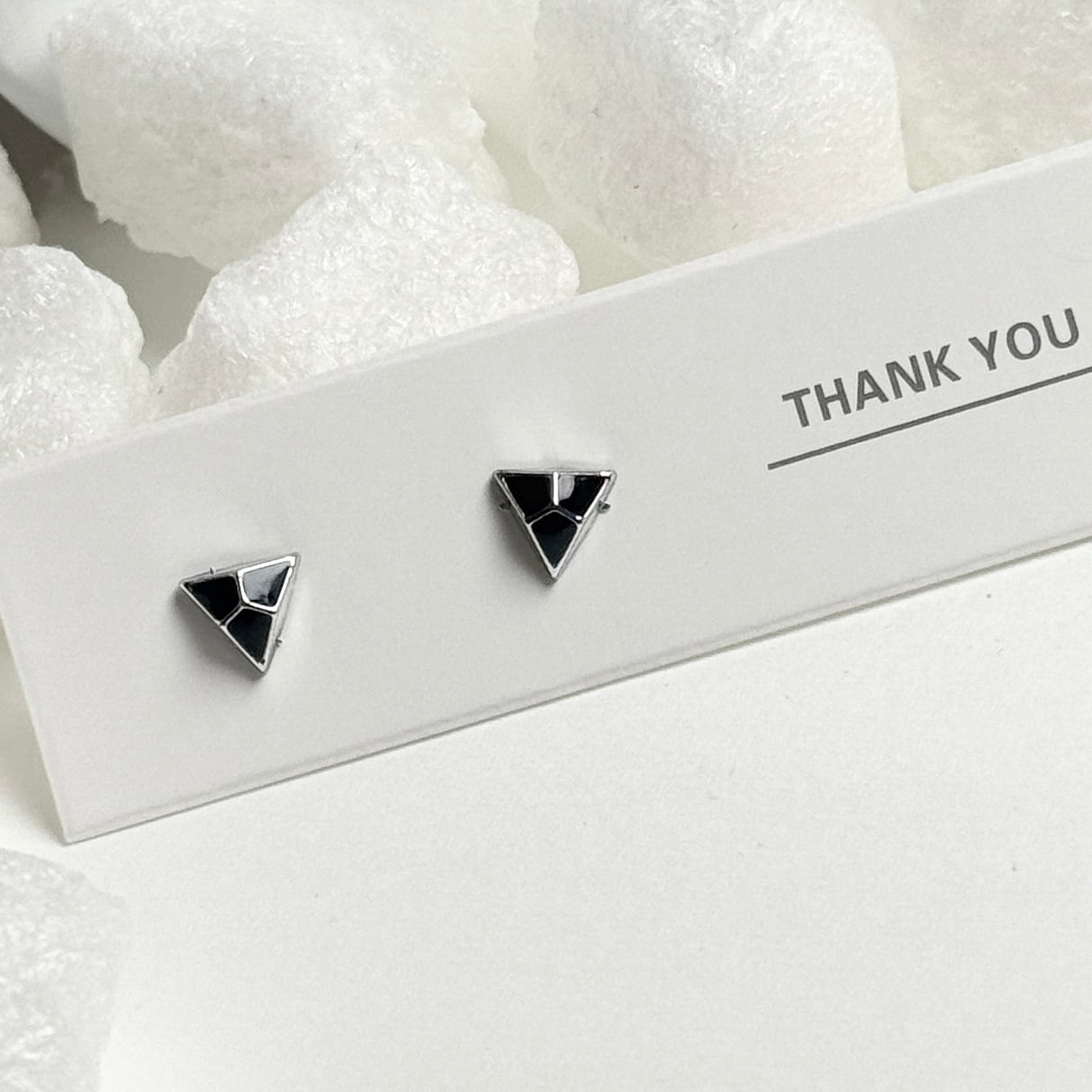 Black Enamel Triangle Silver Line Detail Stud Earrings C
