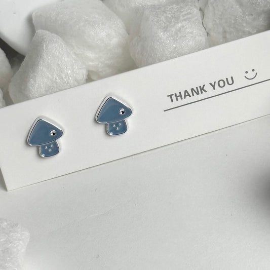 Blue Enamel Mushroom Silver Frame Stud Earrings C