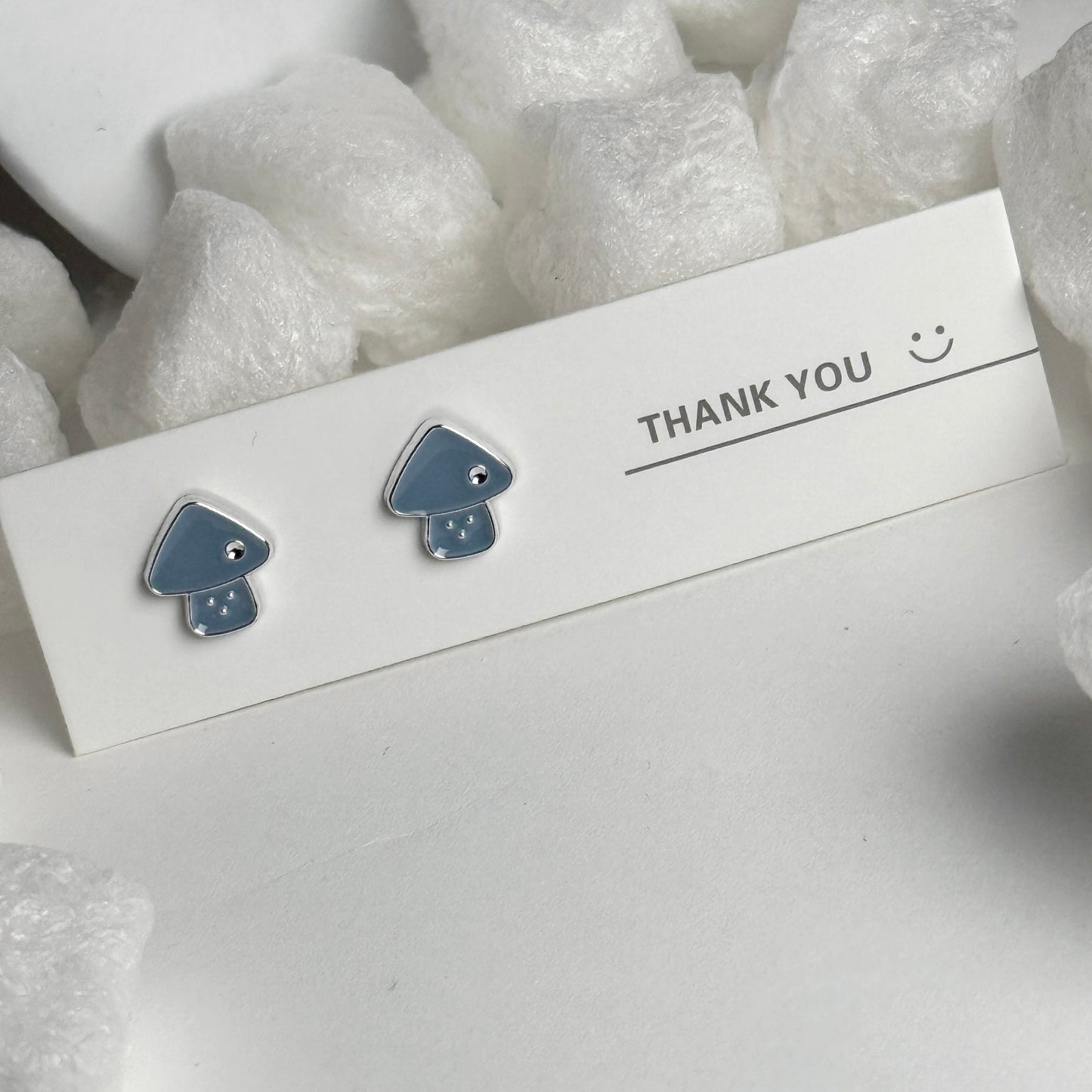 Blue Enamel Mushroom Silver Frame Stud Earrings C