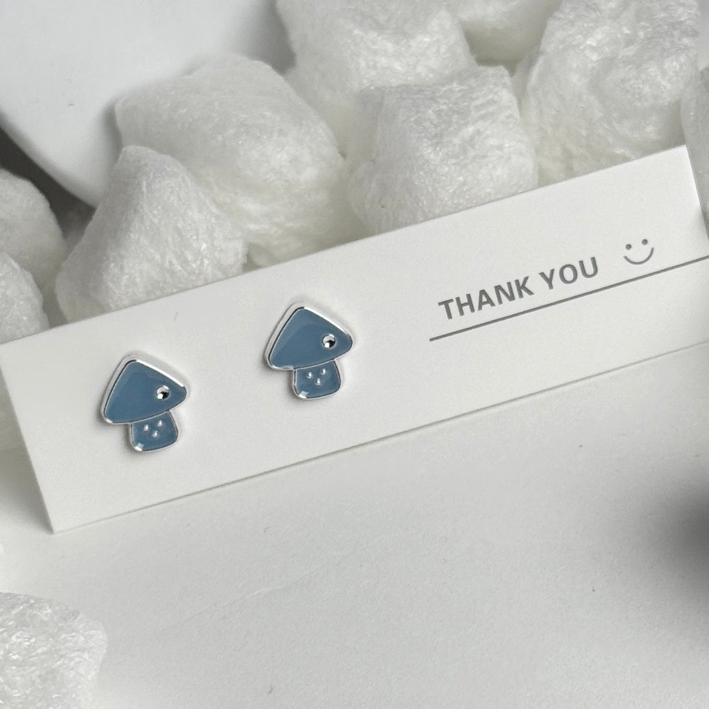 Blue Enamel Mushroom Silver Frame Stud Earrings C