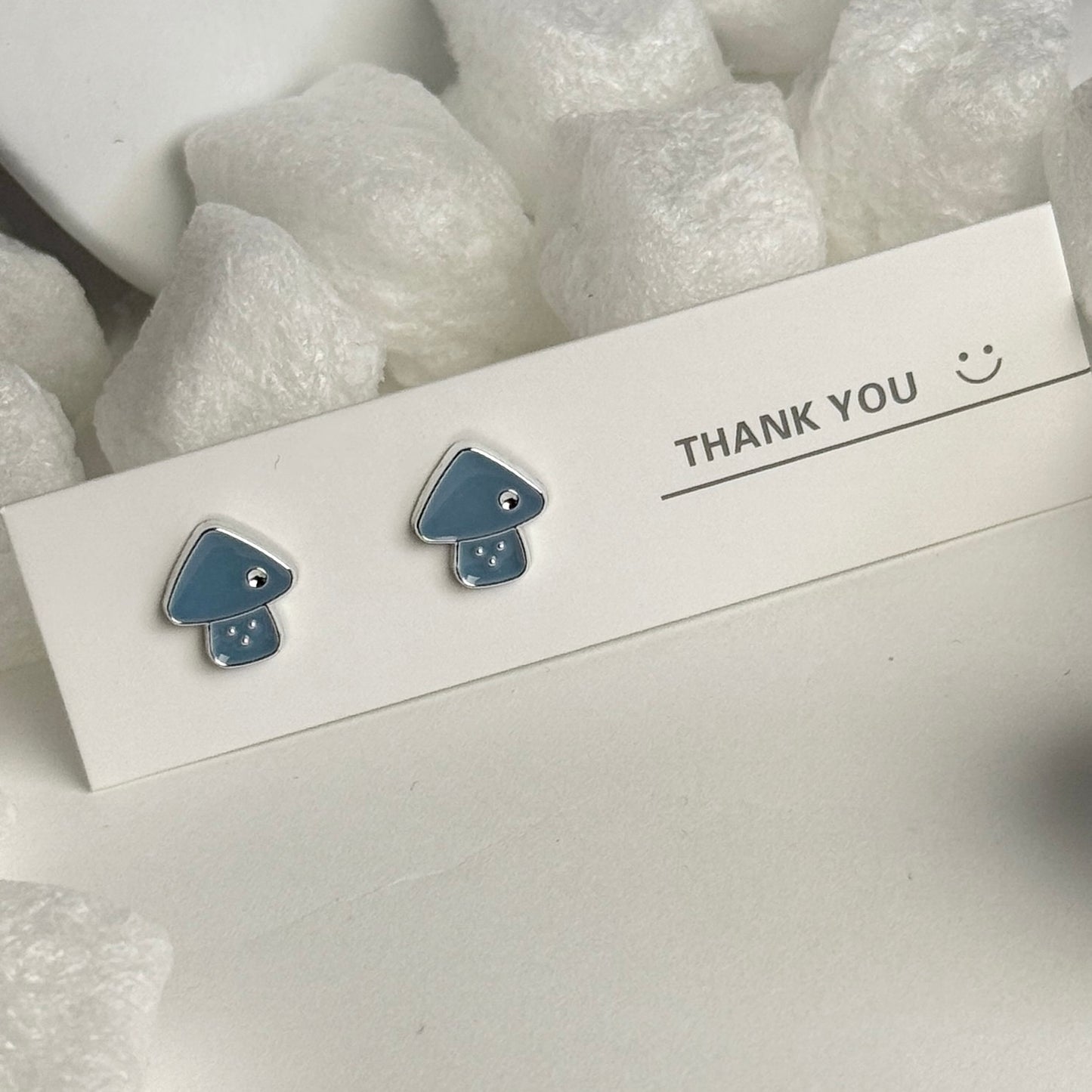 Blue Enamel Mushroom Silver Frame Stud Earrings C