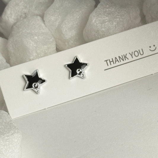 Black Enamel Star Crystal Center Silver Frame Stud Earrings C