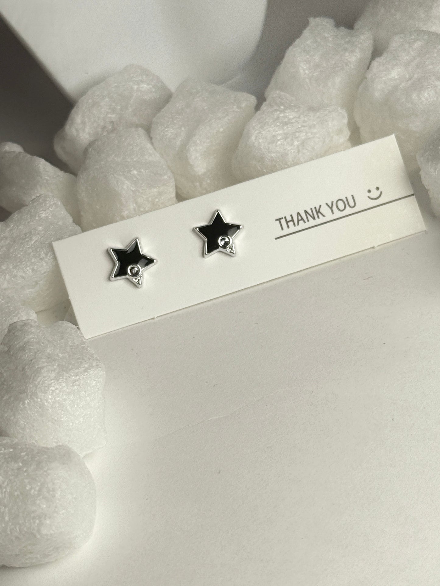 Black Enamel Star Crystal Center Silver Frame Stud Earrings C