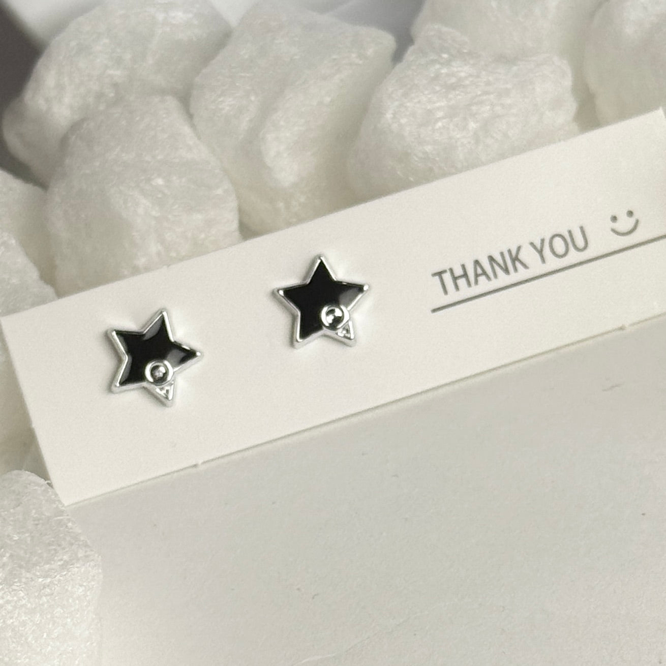 Black Enamel Star Crystal Center Silver Frame Stud Earrings C