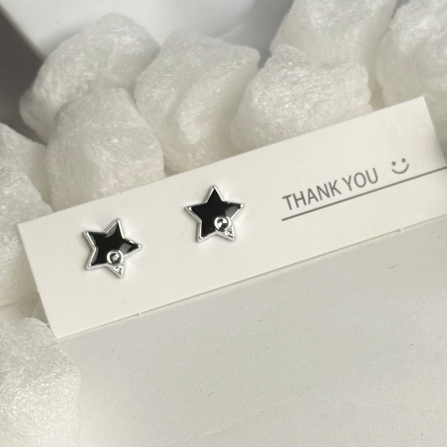 Black Enamel Star Crystal Center Silver Frame Stud Earrings C
