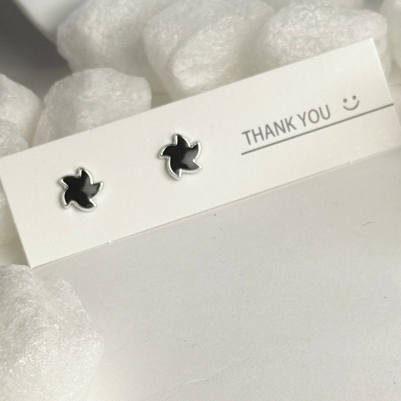 Black Enamel Maple Leaf Silver Frame Stud Earrings C