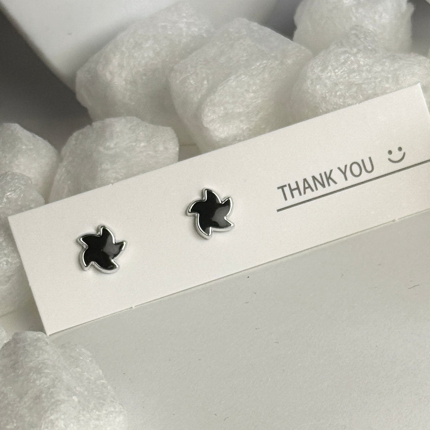 Black Enamel Maple Leaf Silver Frame Stud Earrings C