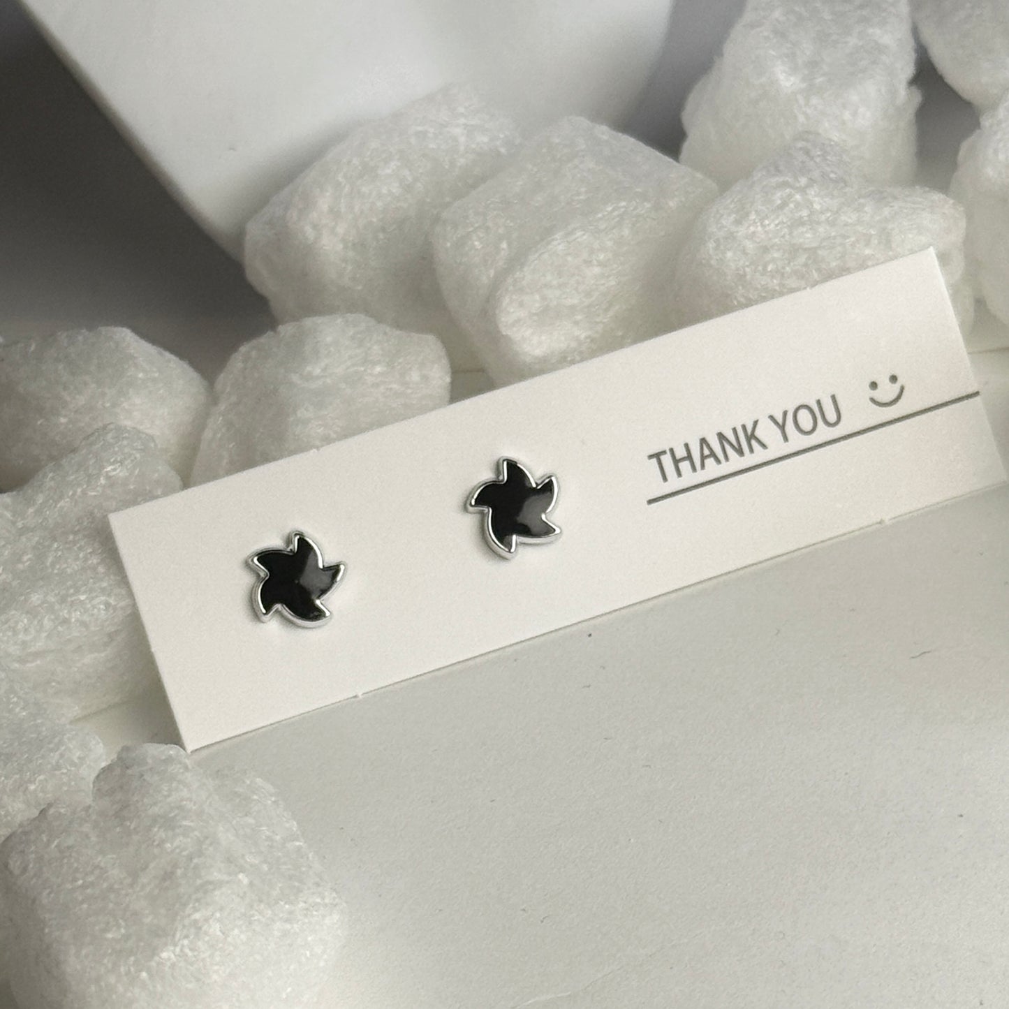 Black Enamel Maple Leaf Silver Frame Stud Earrings C