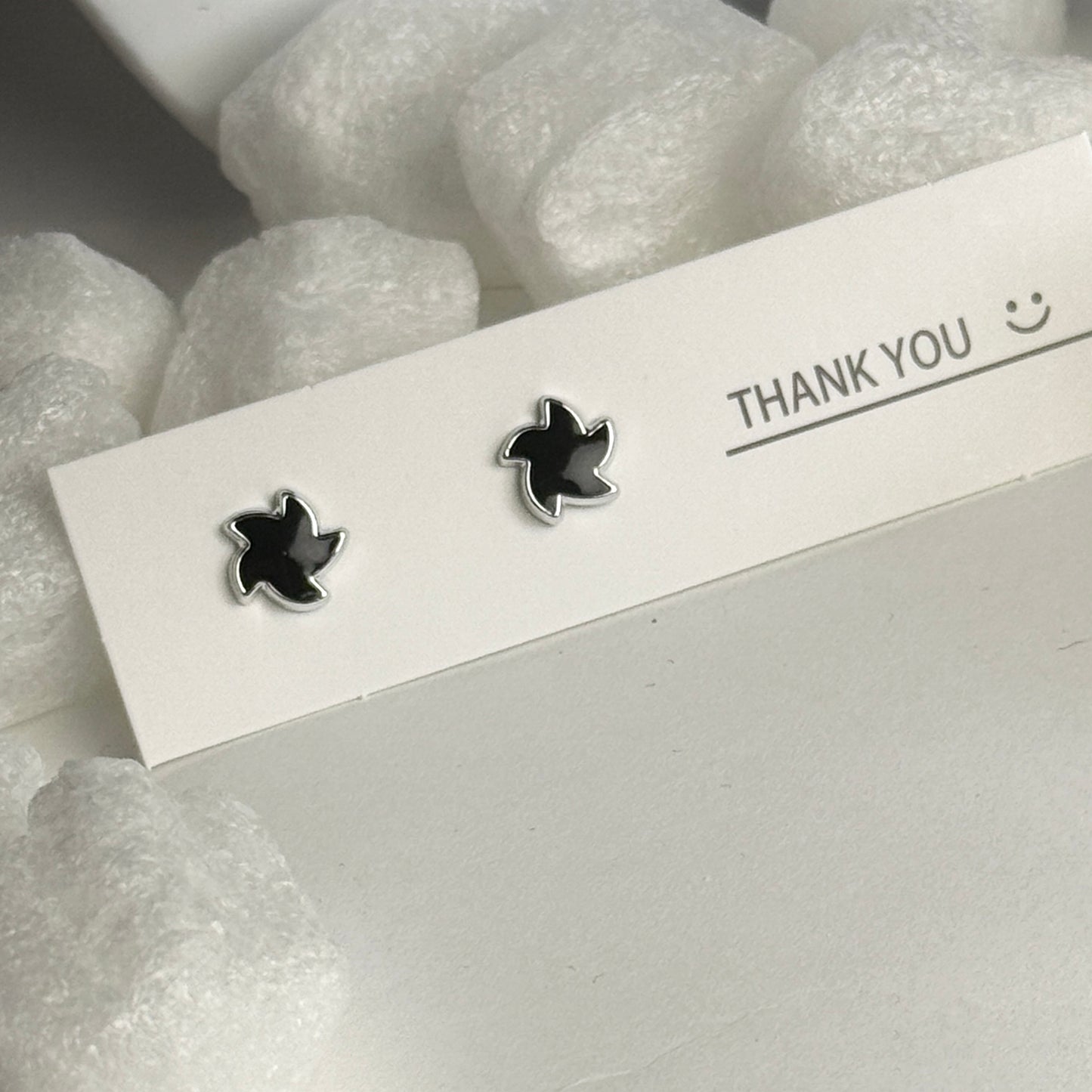 Black Enamel Maple Leaf Silver Frame Stud Earrings C