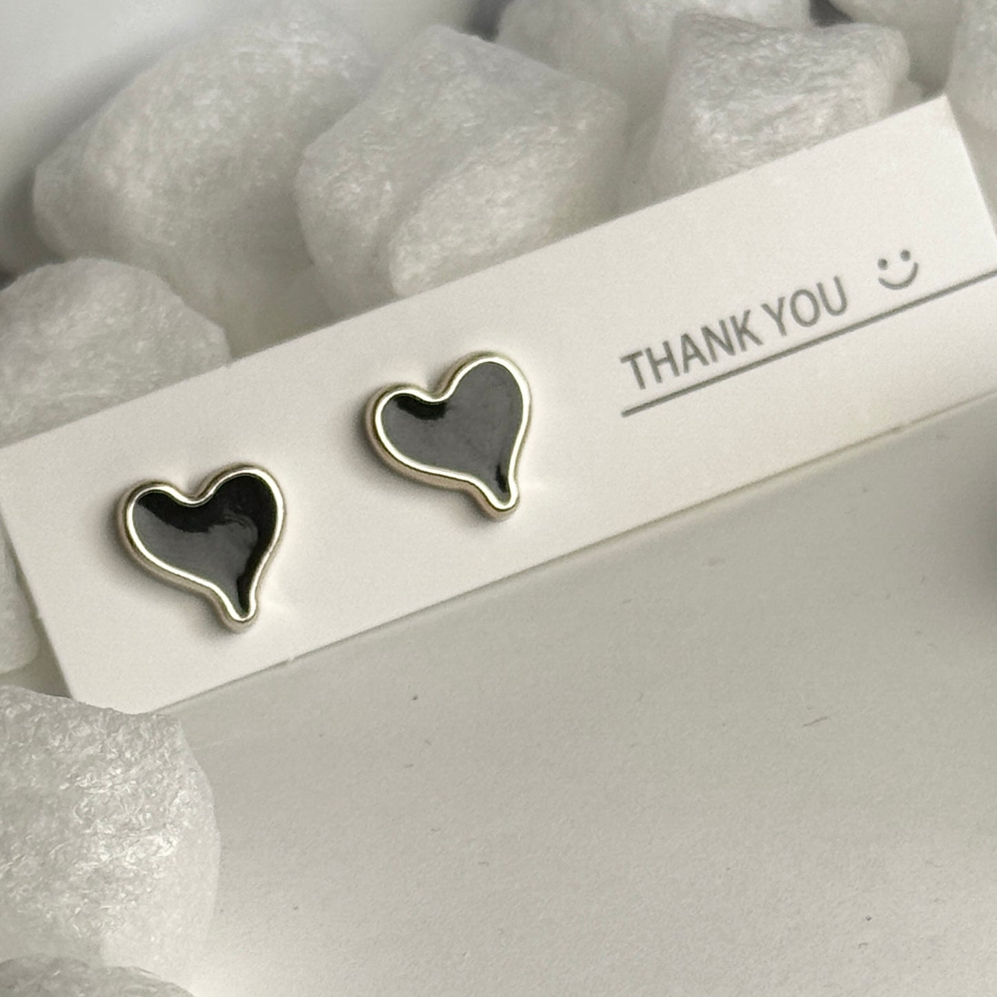 Black Enamel Heart Outline Silver Frame Stud Earrings B