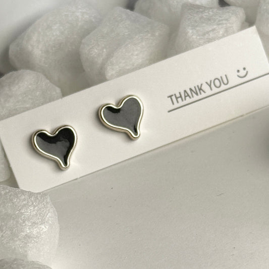 Black Enamel Heart Outline Silver Frame Stud Earrings B