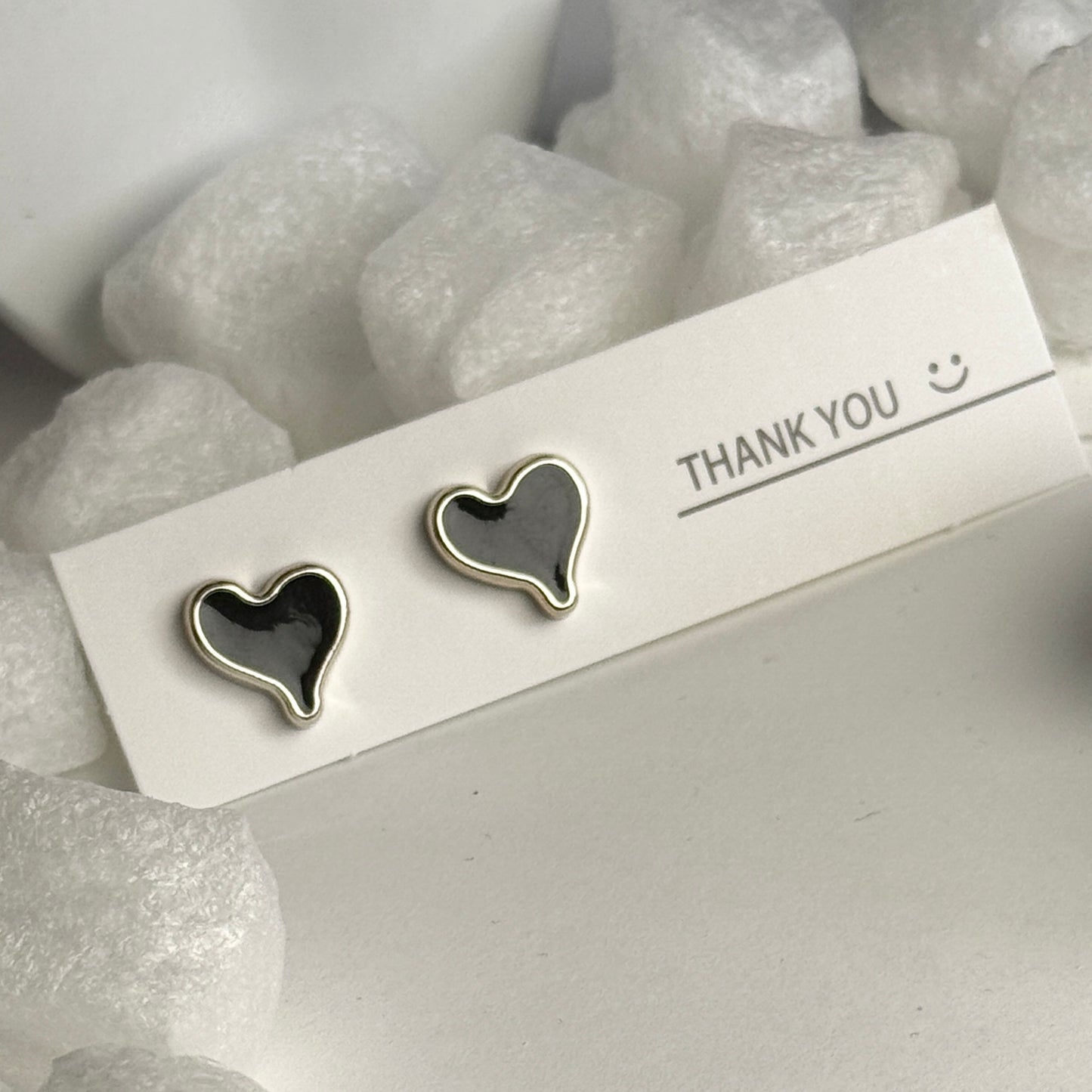 Black Enamel Heart Outline Silver Frame Stud Earrings B