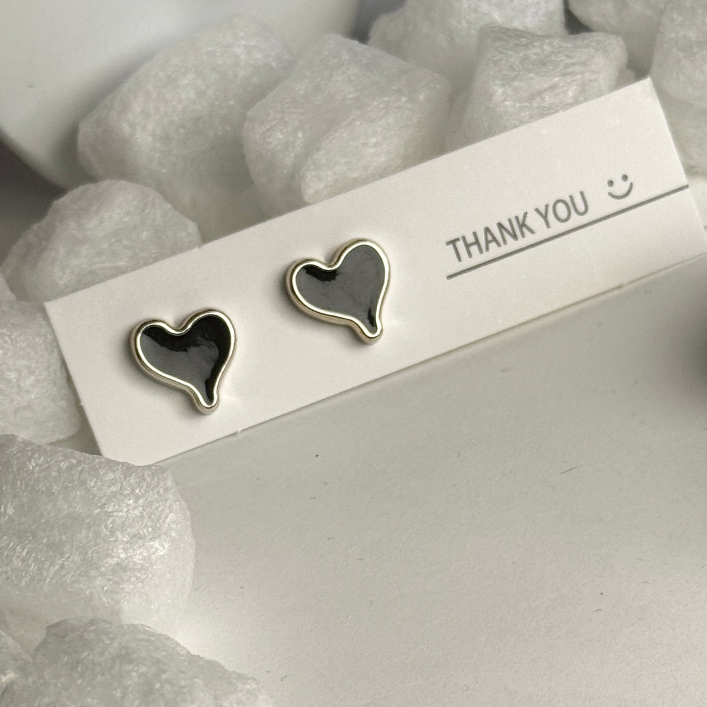 Black Enamel Heart Outline Silver Frame Stud Earrings B