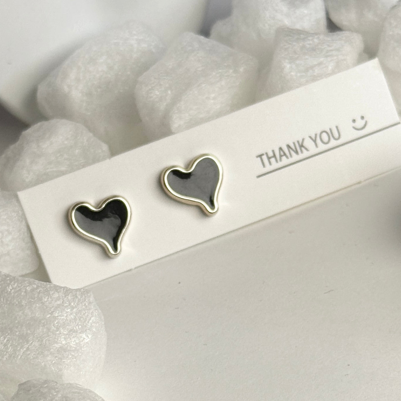 Black Enamel Heart Outline Silver Frame Stud Earrings B