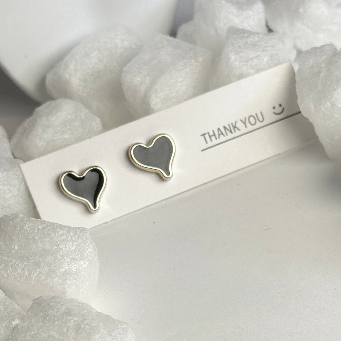 Black Enamel Heart Outline Silver Frame Stud Earrings B