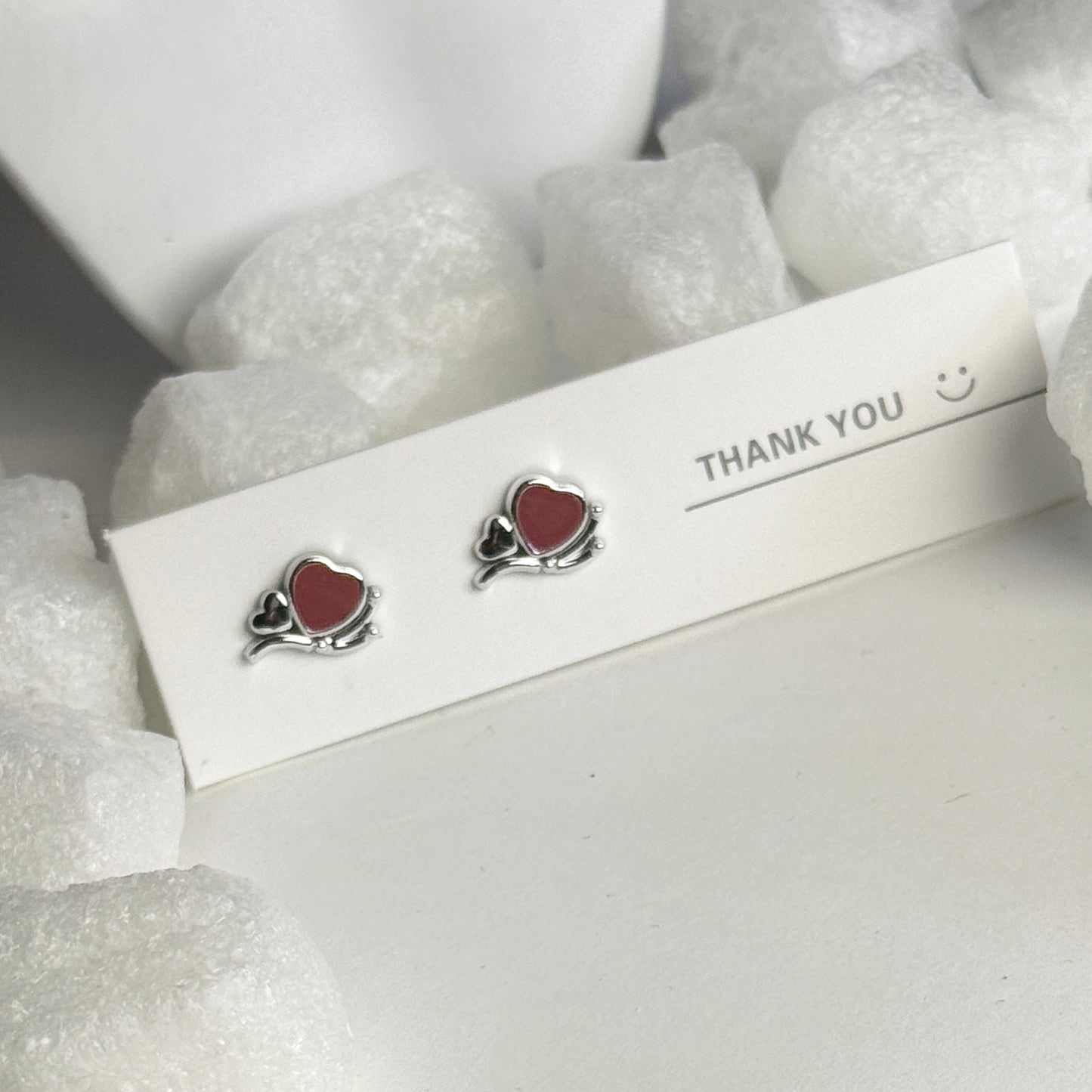 Red Enamel Heart Silver Beaded Frame Stud Earrings B