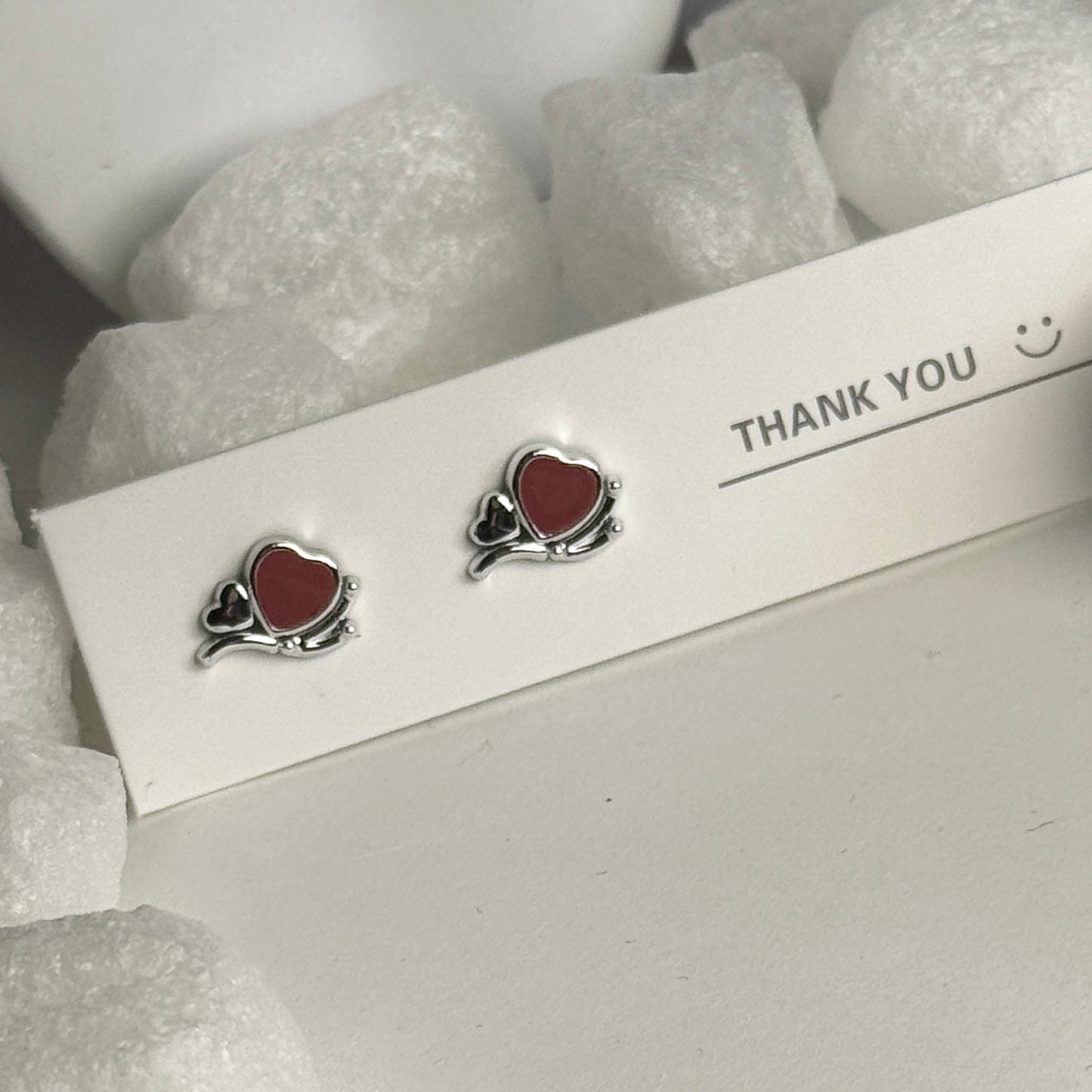 Red Enamel Heart Silver Beaded Frame Stud Earrings B
