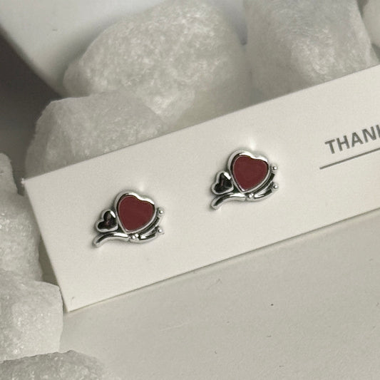 Red Enamel Heart Silver Beaded Frame Stud Earrings B