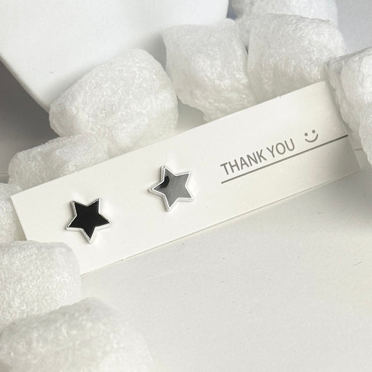 Black Enamel Star Silver Frame Stud Earrings B