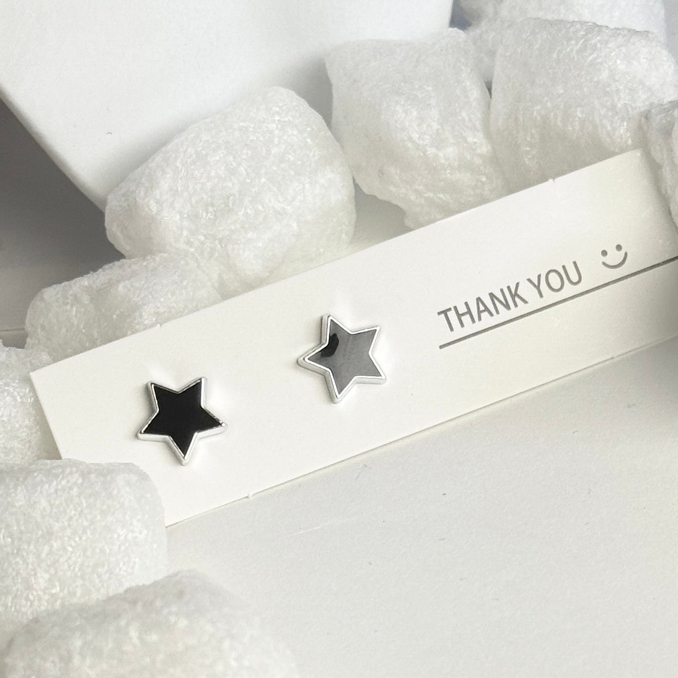 Black Enamel Star Silver Frame Stud Earrings B