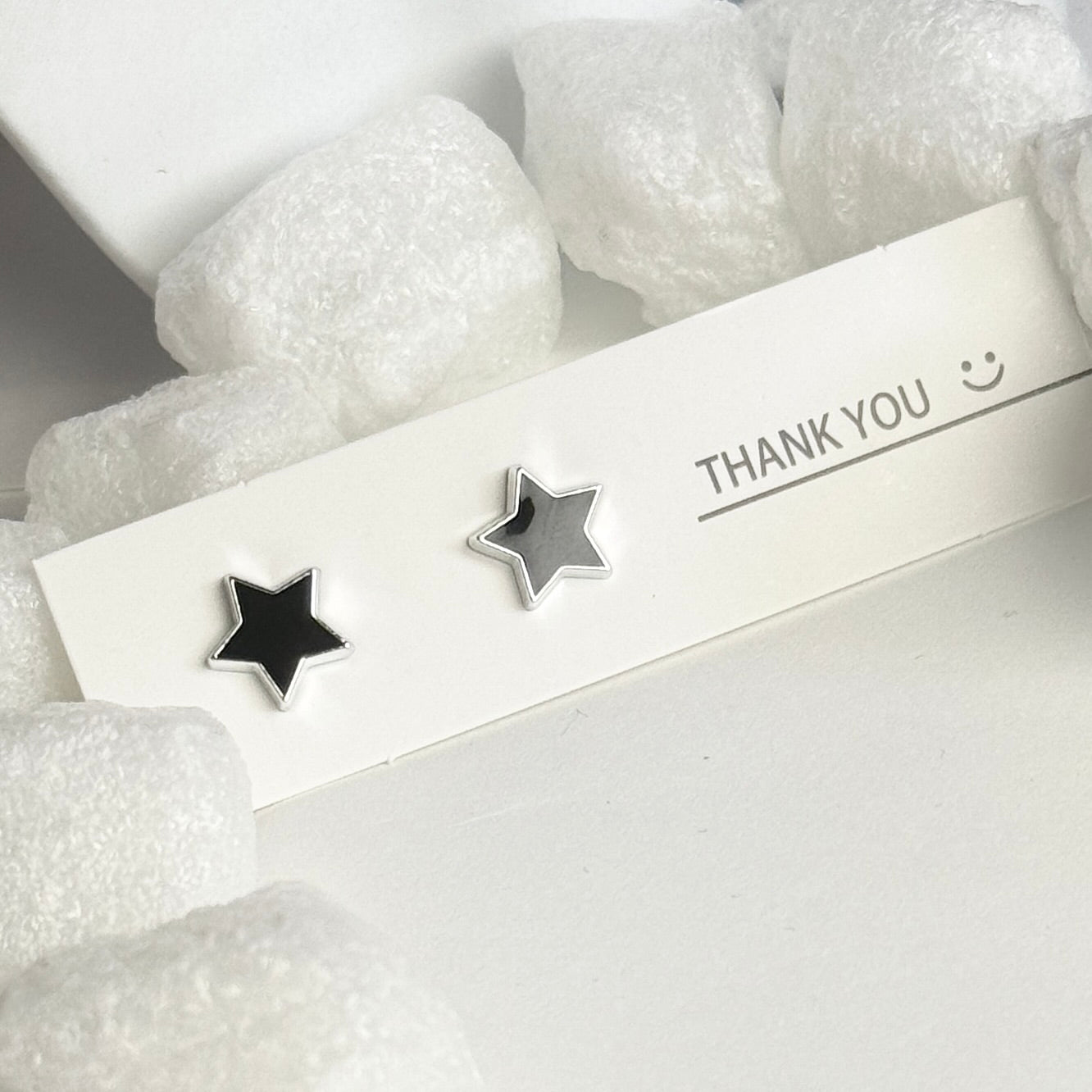 Black Enamel Star Silver Frame Stud Earrings B
