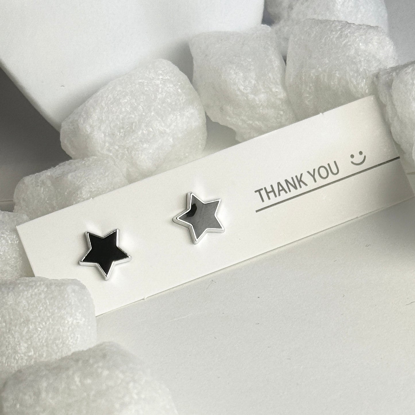 Black Enamel Star Silver Frame Stud Earrings B