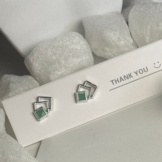 Green Enamel Double Square Silver Frame Stud Earrings B
