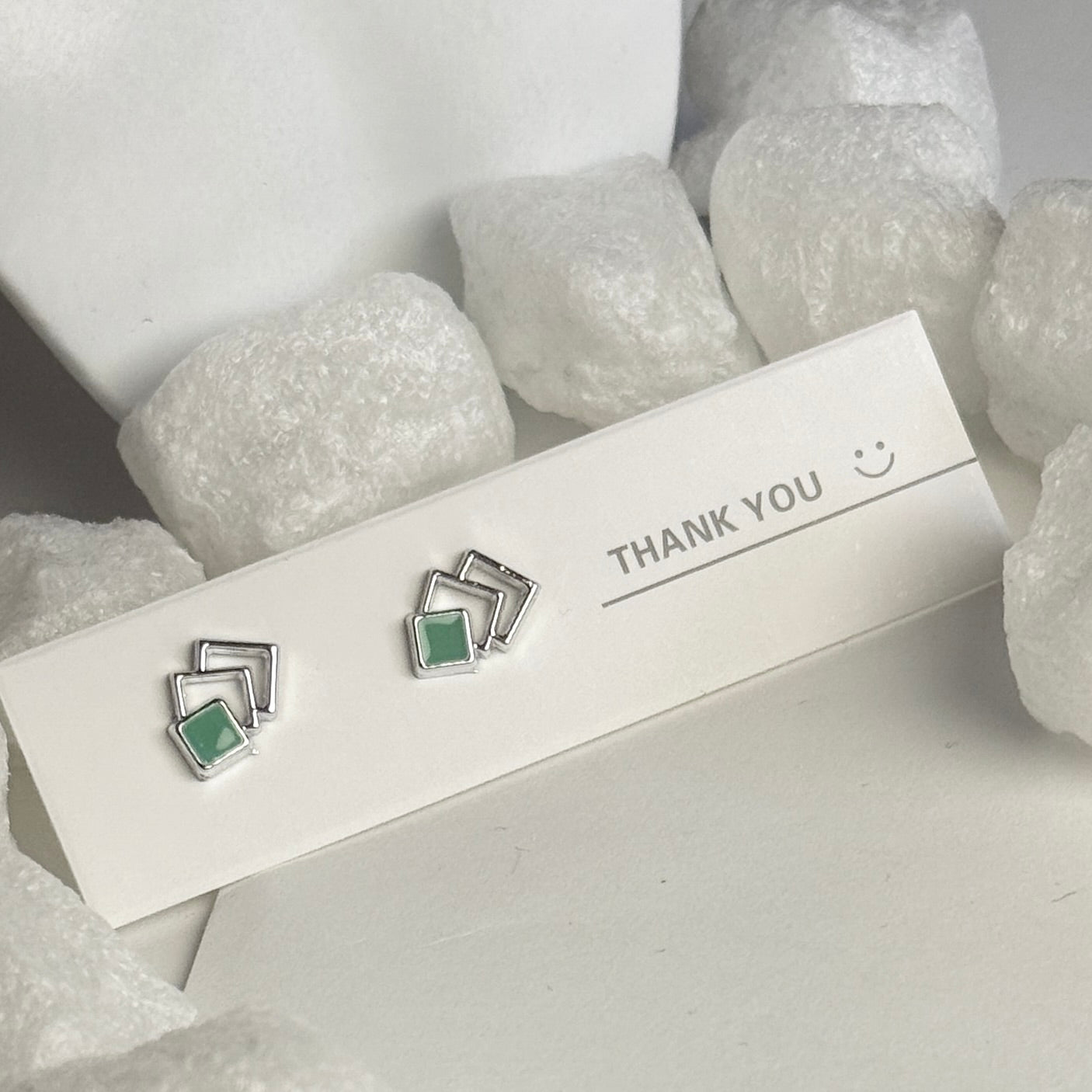 Green Enamel Double Square Silver Frame Stud Earrings B