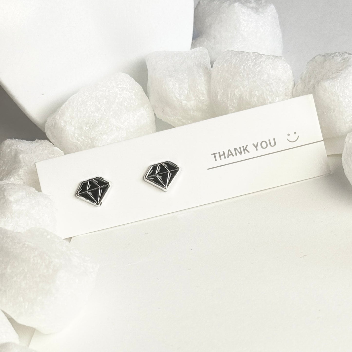 Black Enamel Diamond Shape Silver Frame Stud Earrings B