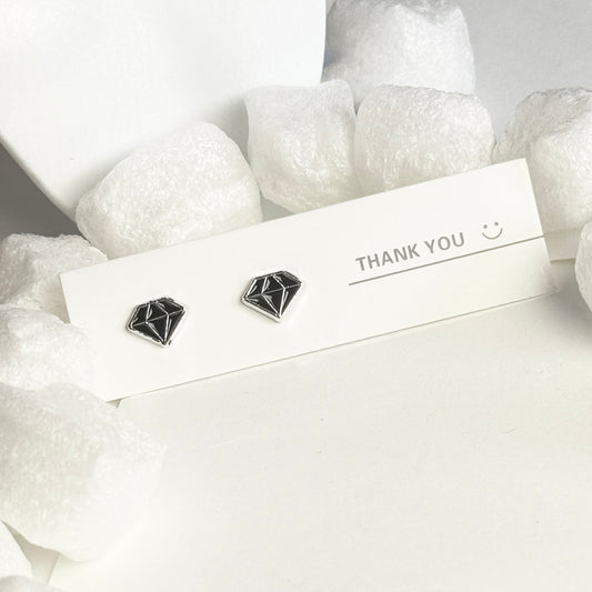 Black Enamel Diamond Shape Silver Frame Stud Earrings B