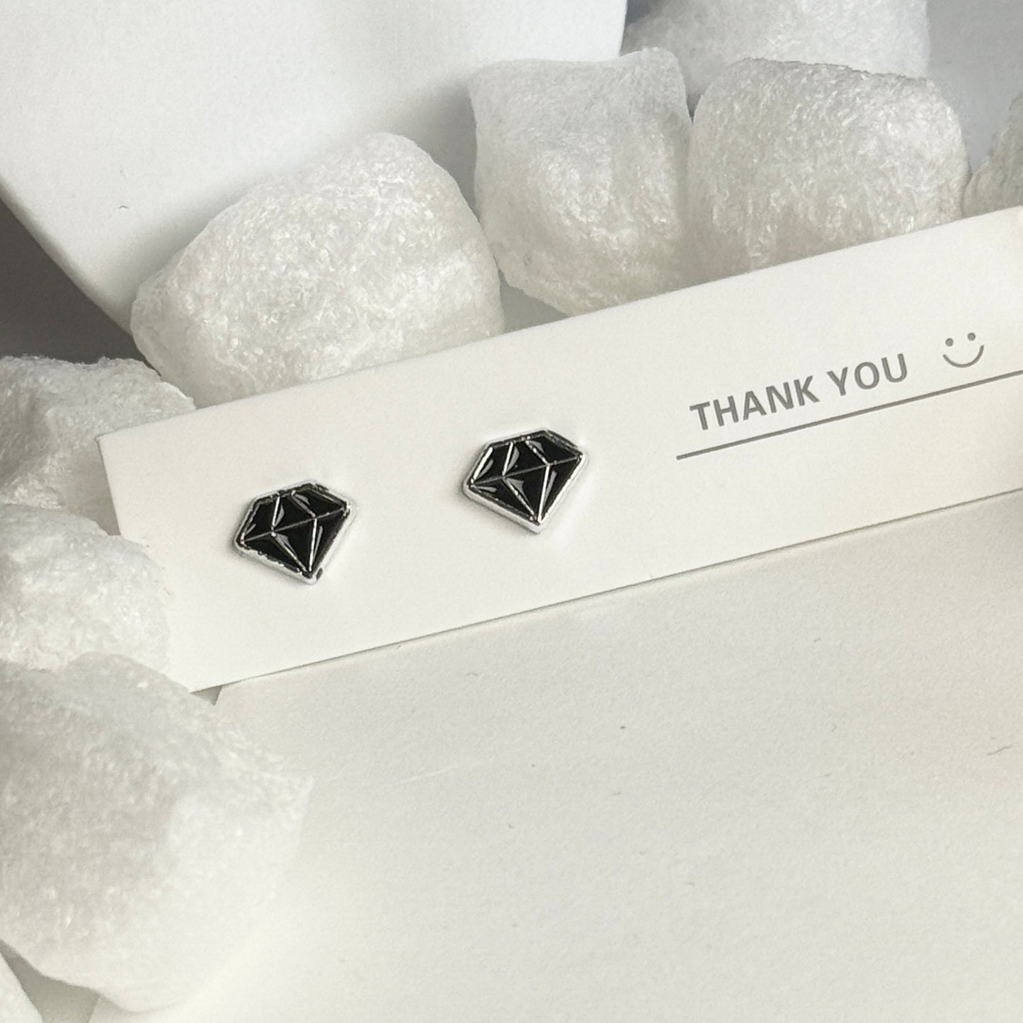 Black Enamel Diamond Shape Silver Frame Stud Earrings B