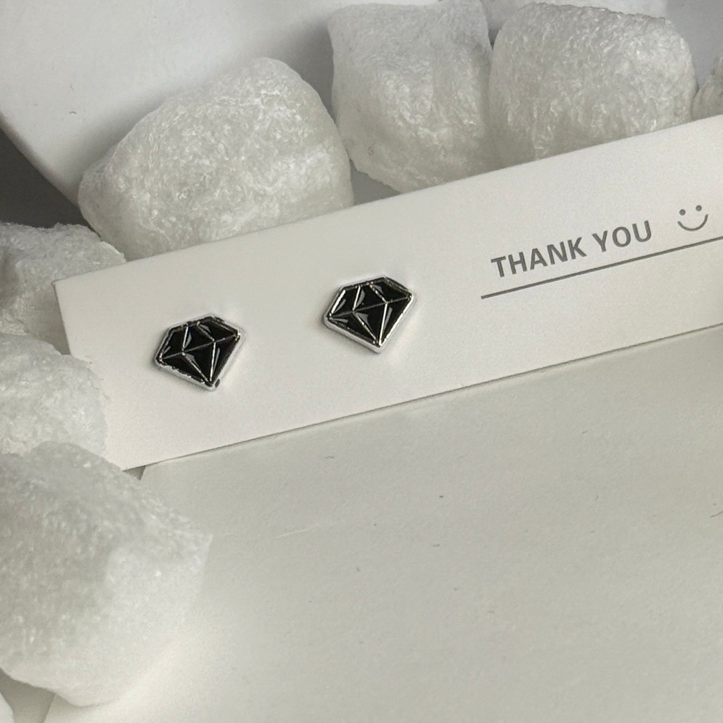 Black Enamel Diamond Shape Silver Frame Stud Earrings B
