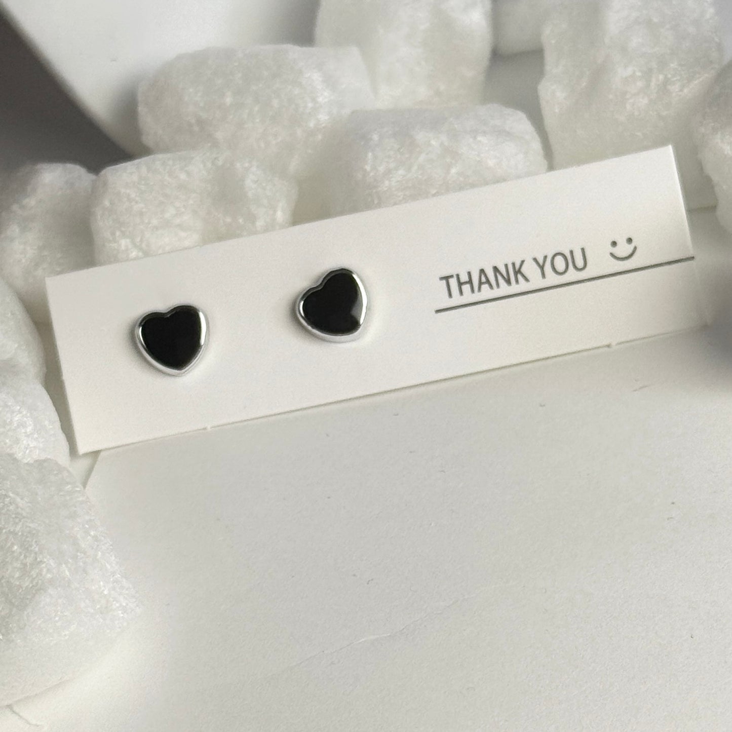 Black Enamel Heart Silver Frame Stud Earrings B