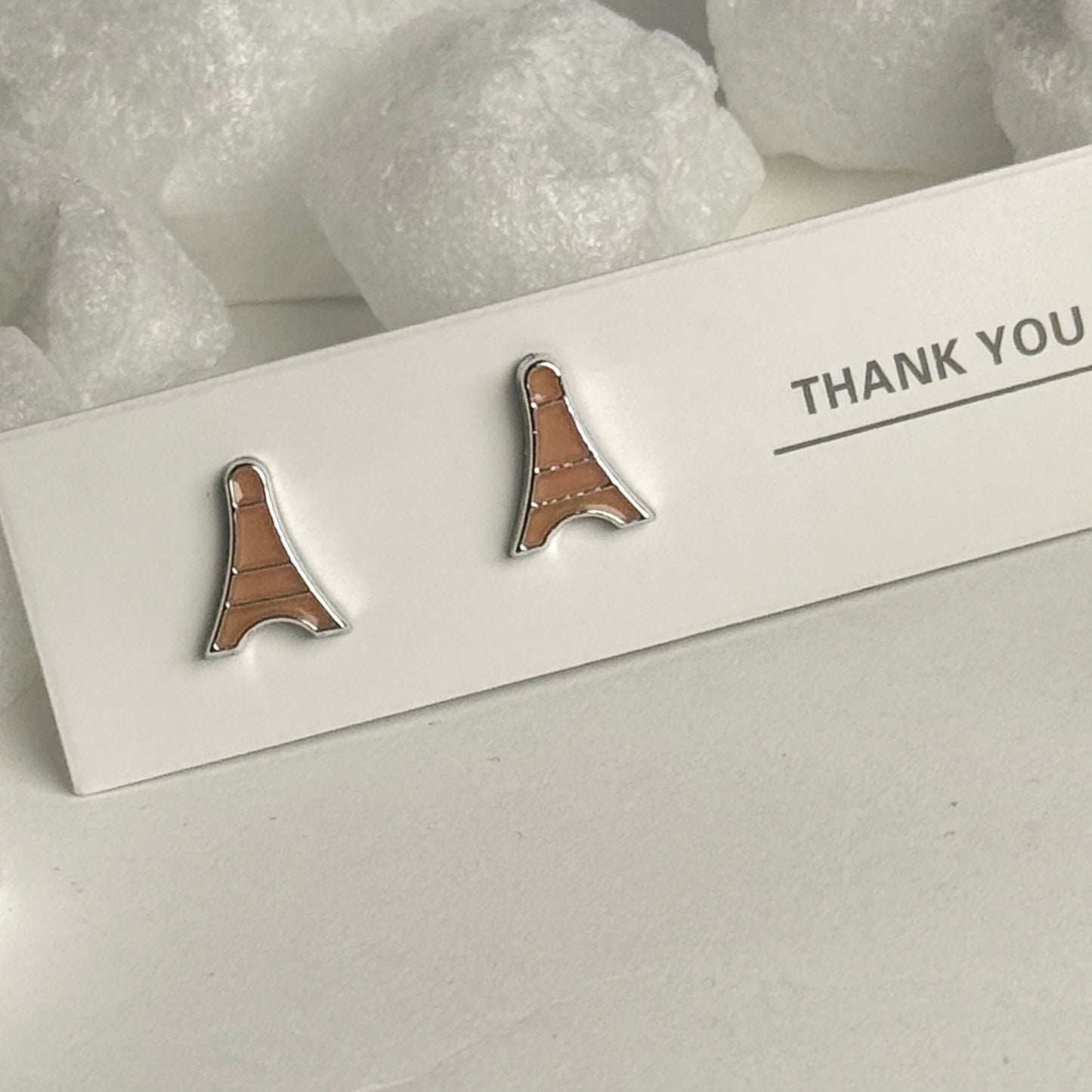 Brown Enamel Eiffel Tower Silver Frame Stud Earrings B