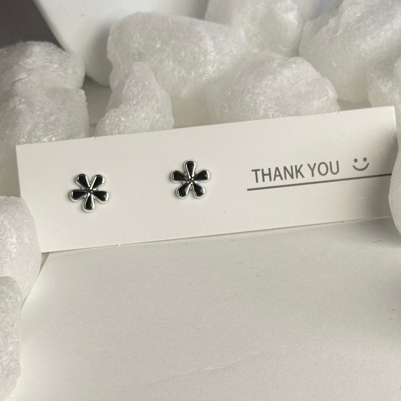 Black Enamel Flower Silver Frame Stud Earrings B