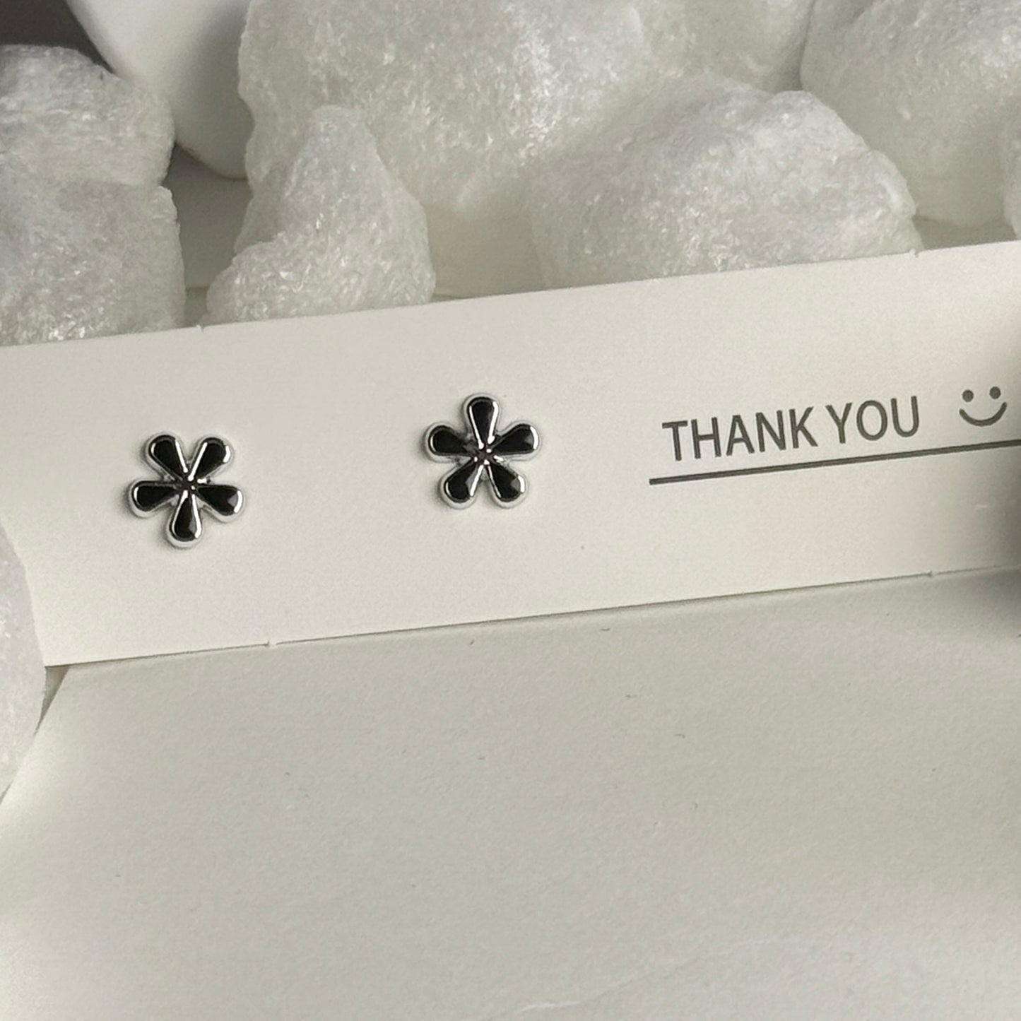 Black Enamel Flower Silver Frame Stud Earrings B