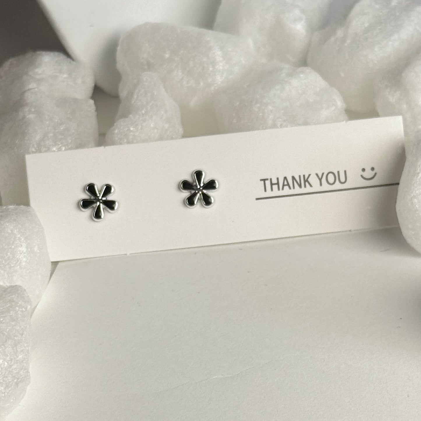 Black Enamel Flower Silver Frame Stud Earrings B