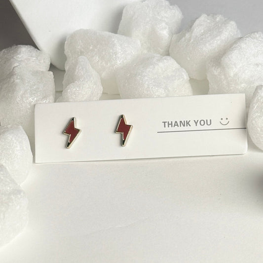 Red Enamel Lightning Bolt Silver Frame Stud Earrings B